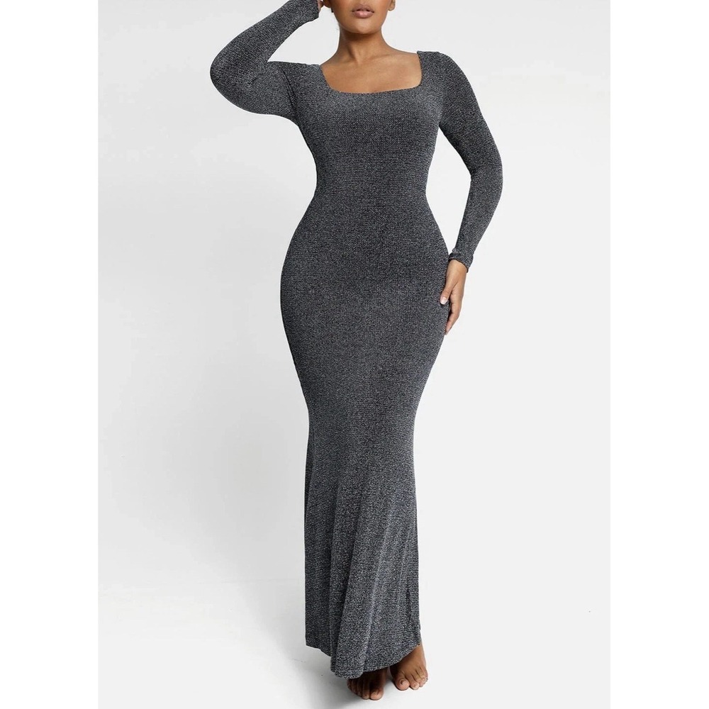 Shapellx Women's Silver Gleaming Long Sleeve Mermaid Shaping Dress Sz L‎ New $88